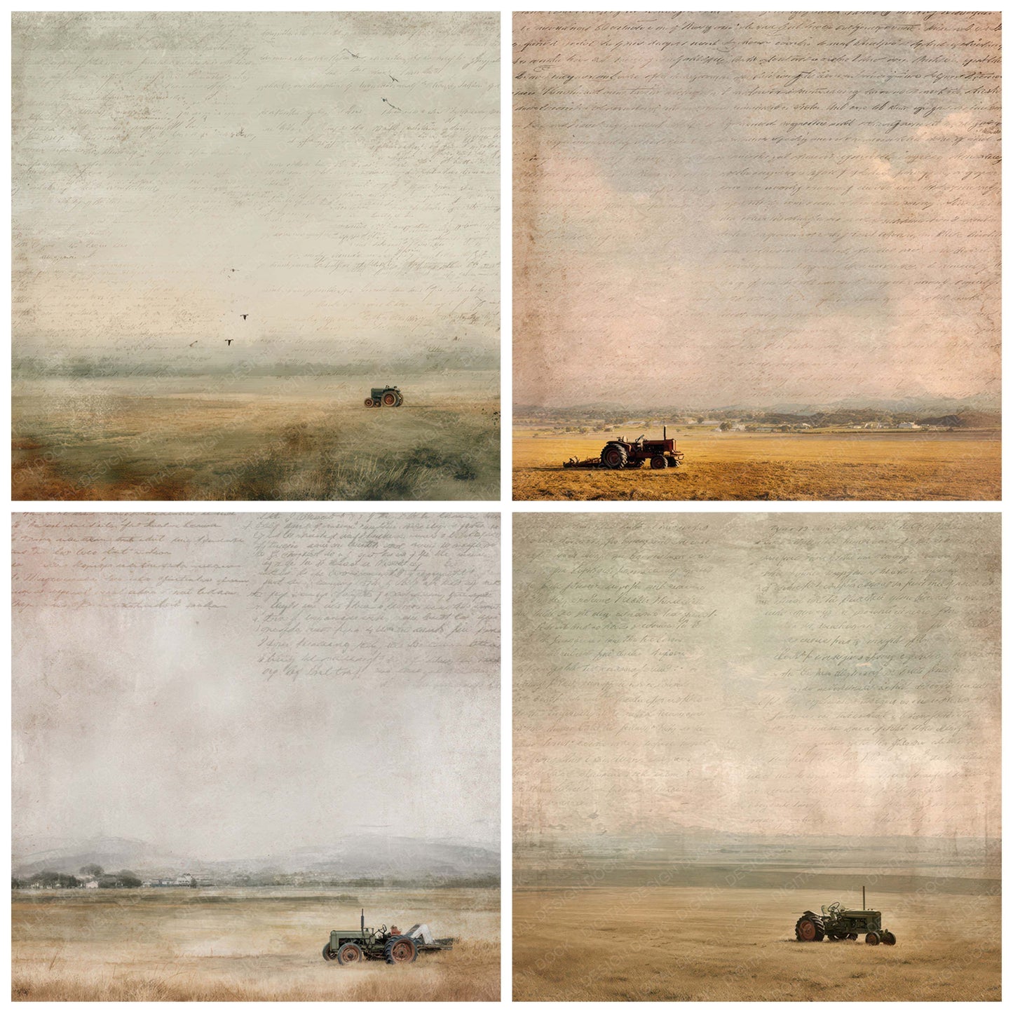 Preview layout showing Vintage Farmland Tractor Scene papers arranged as background pages for junk journals and mixed media crafts