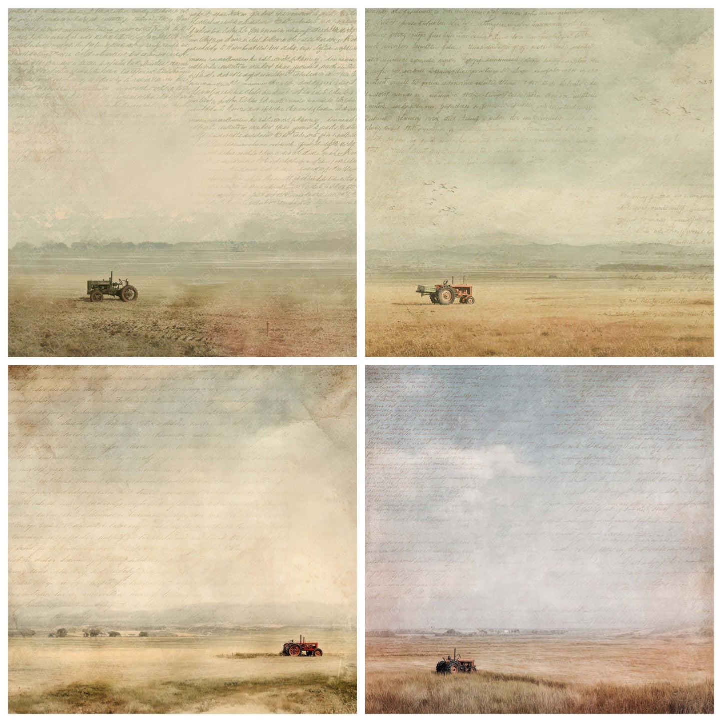 Close view of Vintage Farmland Tractor Scene background papers highlighting collage composition and cohesive colour tones