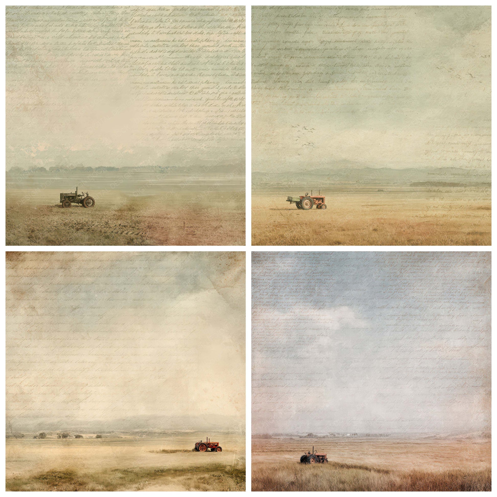 Close view of Vintage Farmland Tractor Scene background papers highlighting collage composition and cohesive colour tones