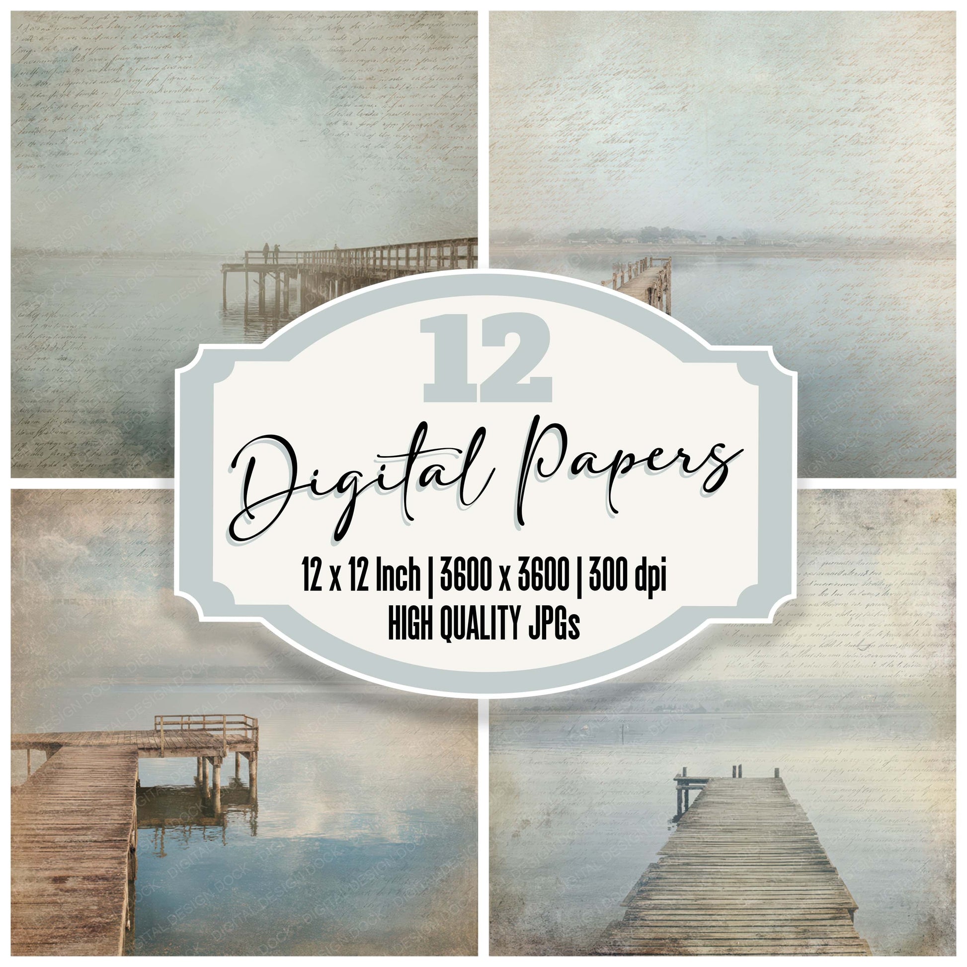 Vintage Lakeside Fishing Pier Scene digital paper pack designed for background pages in junk journaling and paper craft projects