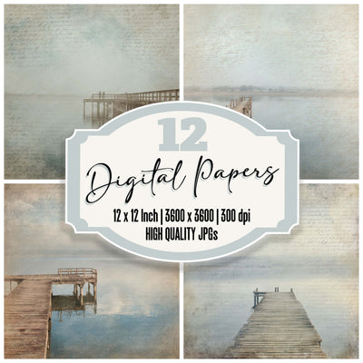 Vintage Lakeside Fishing Pier Scene digital paper pack designed for background pages in junk journaling and paper craft projects
