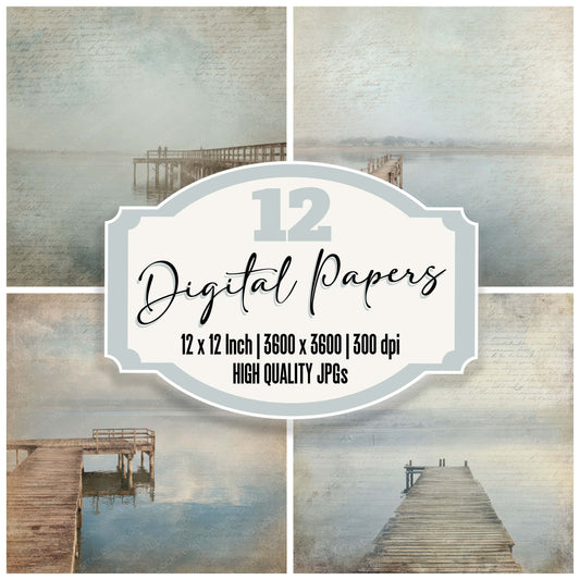 Vintage Lakeside Fishing Pier Scene digital paper pack designed for background pages in junk journaling and paper craft projects