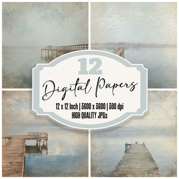 Vintage Lakeside Fishing Pier Scene digital paper pack designed for background pages in junk journaling and paper craft projects