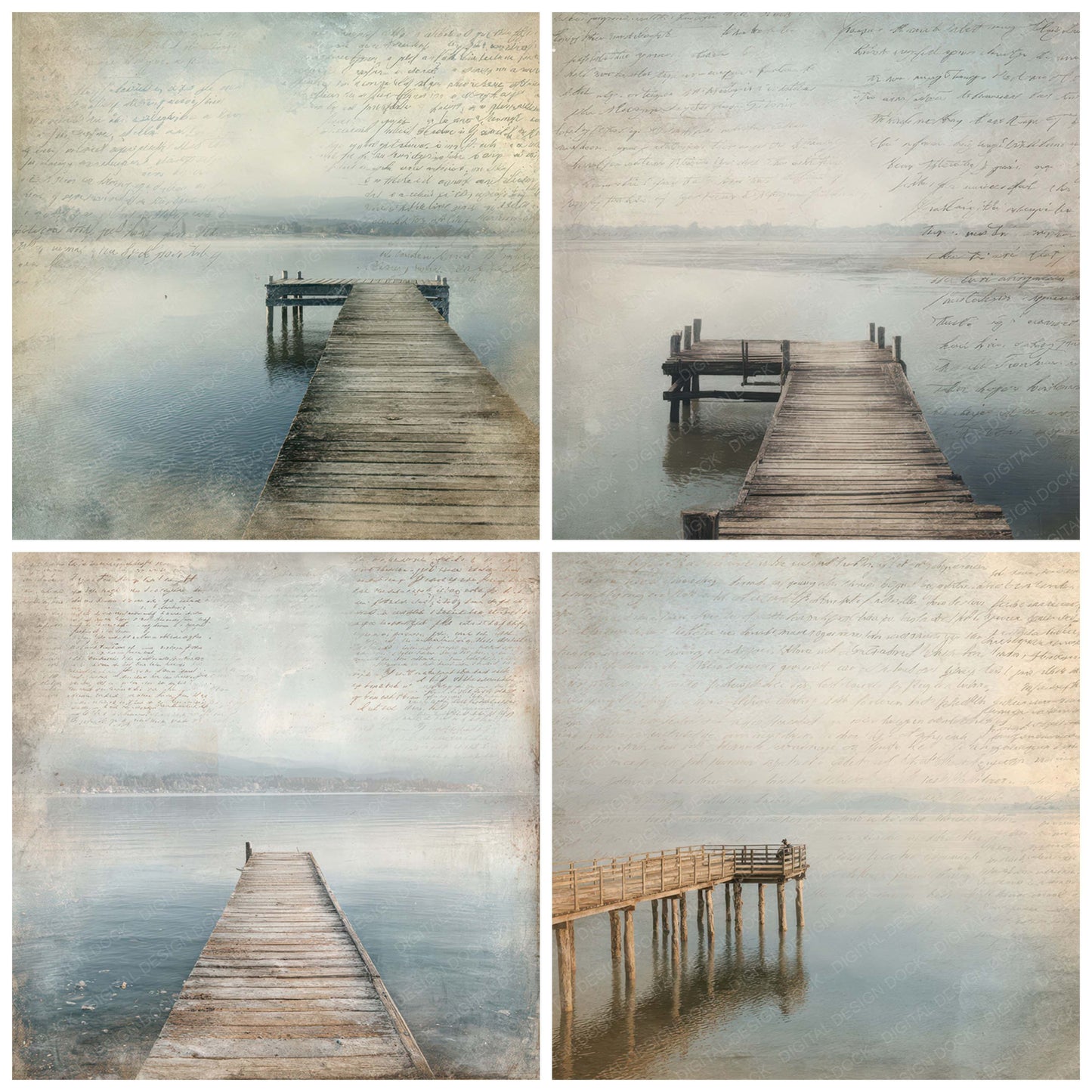 Preview layout showing Vintage Lakeside Fishing Pier Scene papers arranged as background pages for junk journals and mixed media crafts