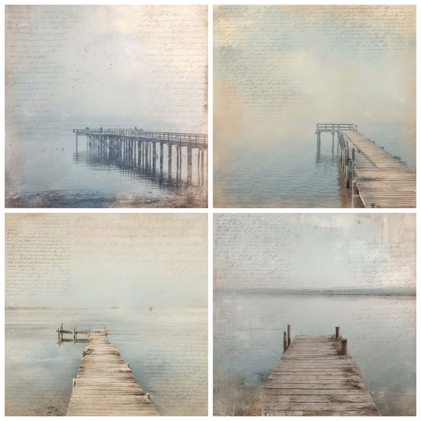 Close view of Vintage Lakeside Fishing Pier Scene background papers highlighting collage composition and cohesive colour tones