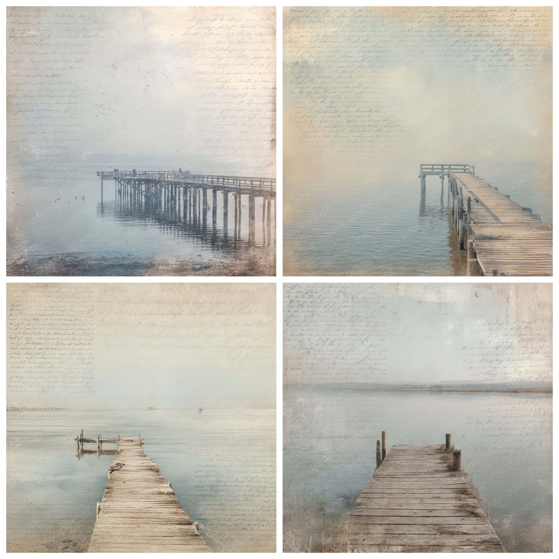 Close view of Vintage Lakeside Fishing Pier Scene background papers highlighting collage composition and cohesive colour tones
