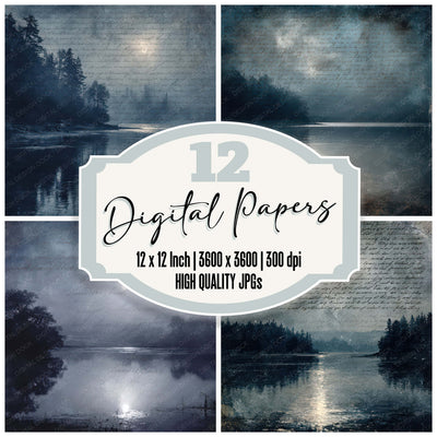 Vintage Moonlit Lake Night Scene digital paper pack designed for background pages in junk journaling and paper craft projects