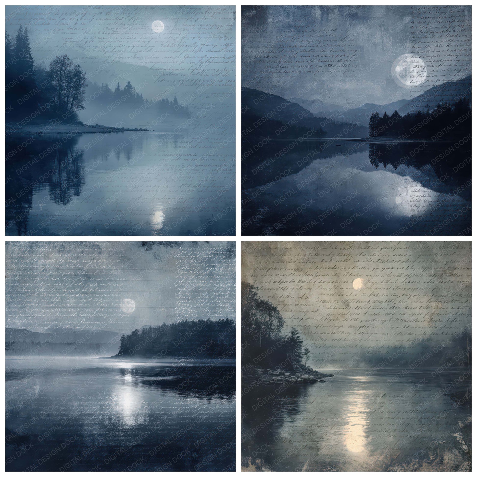 Preview layout showing Vintage Moonlit Lake Night Scene papers arranged as background pages for junk journals and mixed media crafts