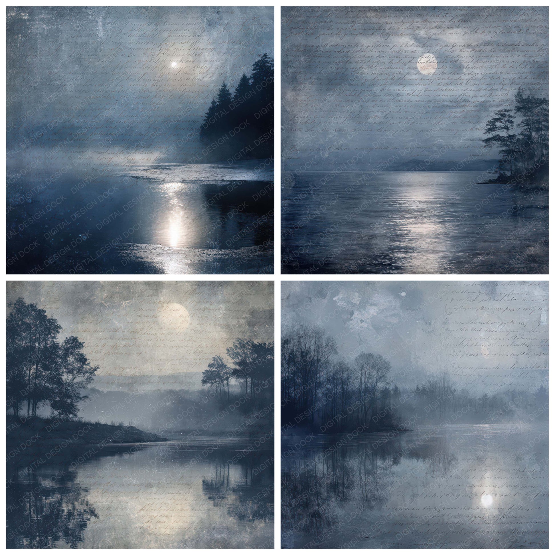Close view of Vintage Moonlit Lake Night Scene background papers highlighting collage composition and cohesive colour tones