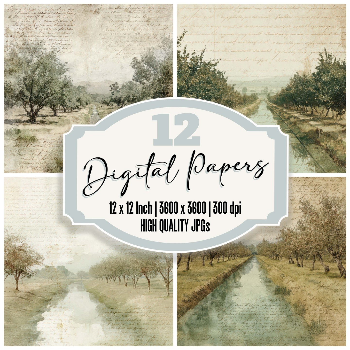 Vintage Orchard Irrigation Channel Scene digital paper pack designed for background pages in junk journaling and paper craft projects