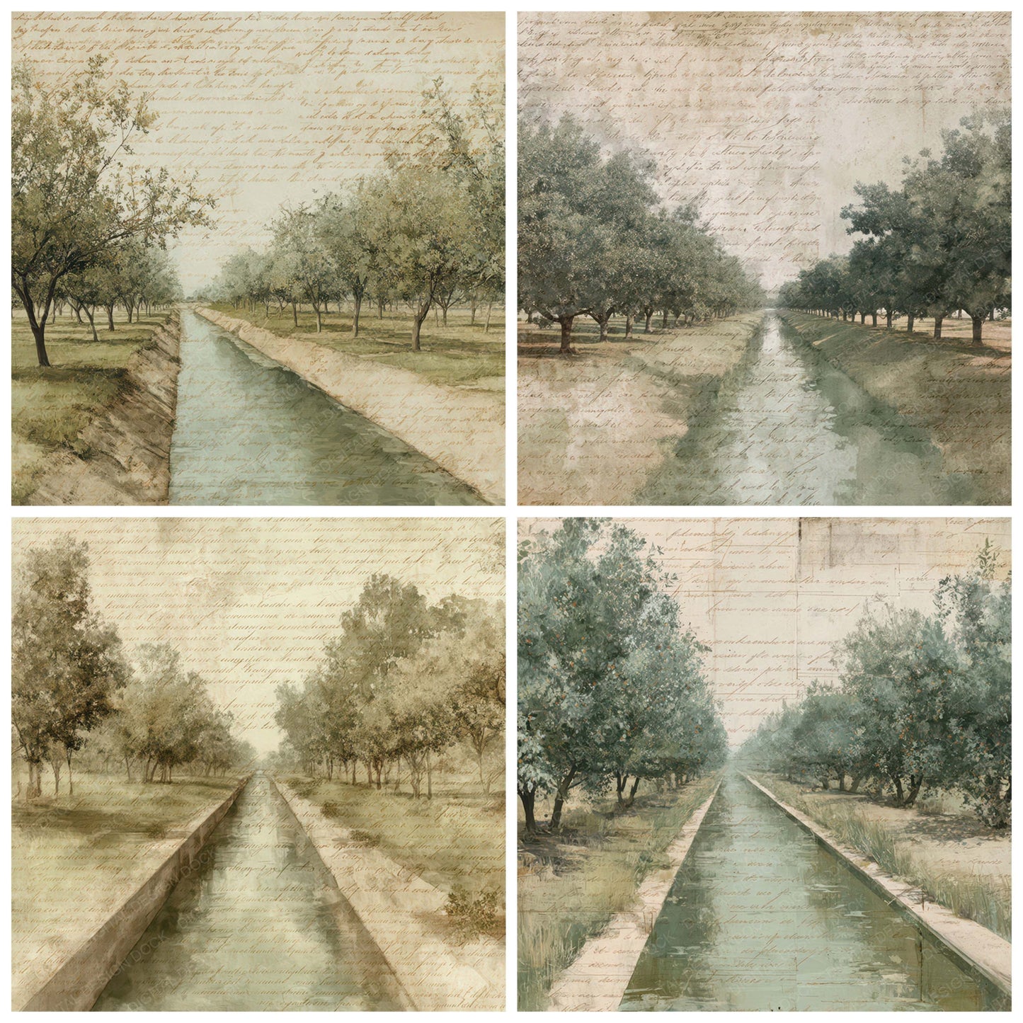 Preview layout showing Vintage Orchard Irrigation Channel Scene papers arranged as background pages for junk journals and mixed media crafts