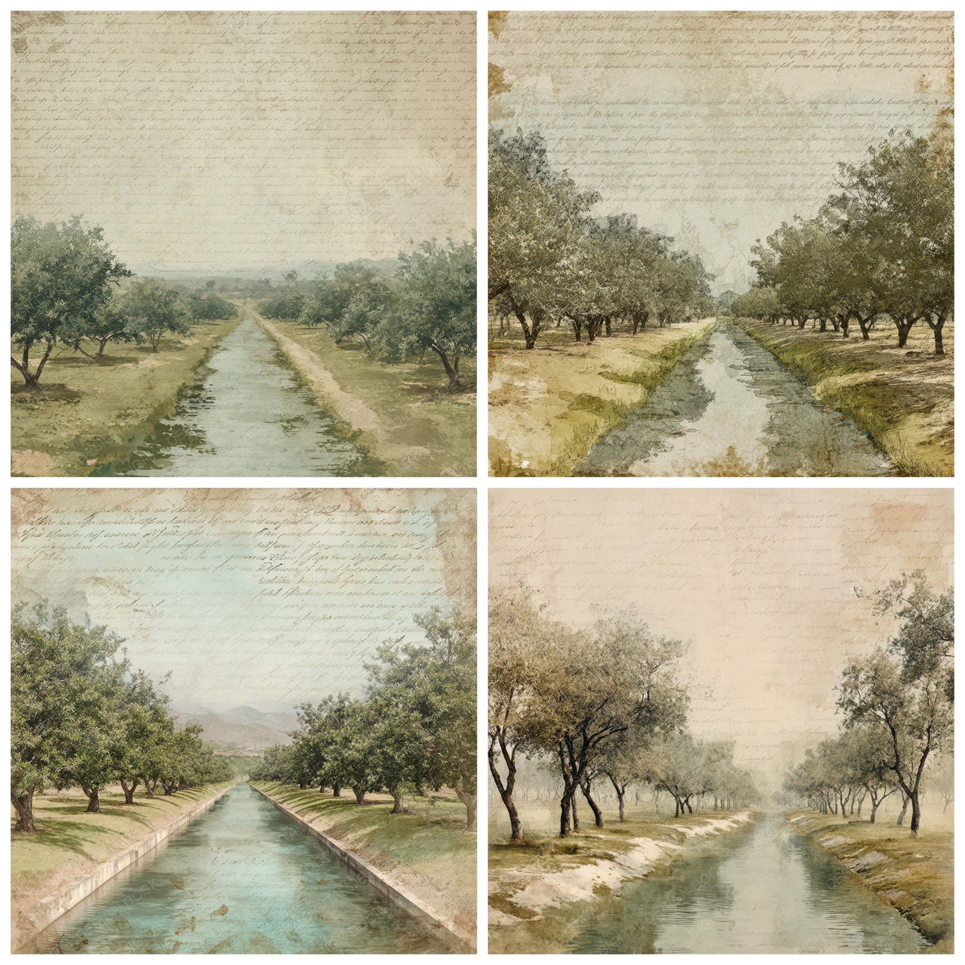 Close view of Vintage Orchard Irrigation Channel Scene background papers highlighting collage composition and cohesive colour tones