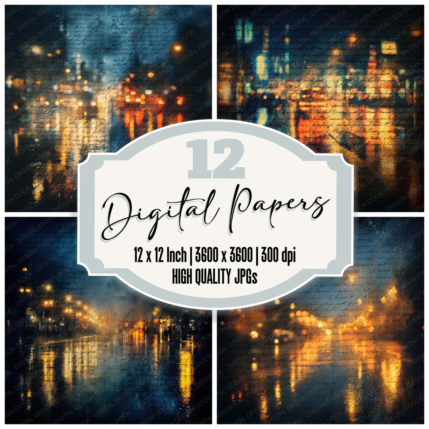 Vintage Rainy City Night Scene digital paper pack designed for background pages in junk journaling and paper craft projects