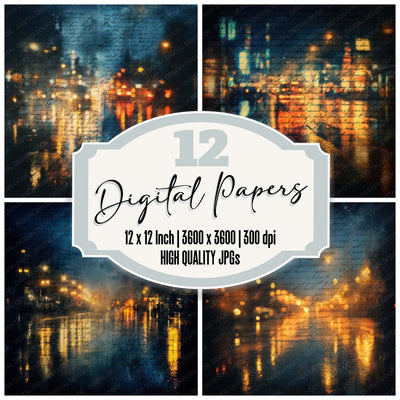 Vintage Rainy City Night Scene digital paper pack designed for background pages in junk journaling and paper craft projects