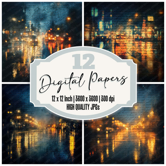 Vintage Rainy City Night Scene digital paper pack designed for background pages in junk journaling and paper craft projects
