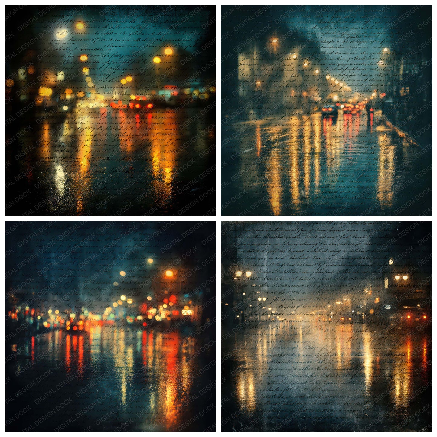Preview layout showing Vintage Rainy City Night Scene papers arranged as background pages for junk journals and mixed media crafts
