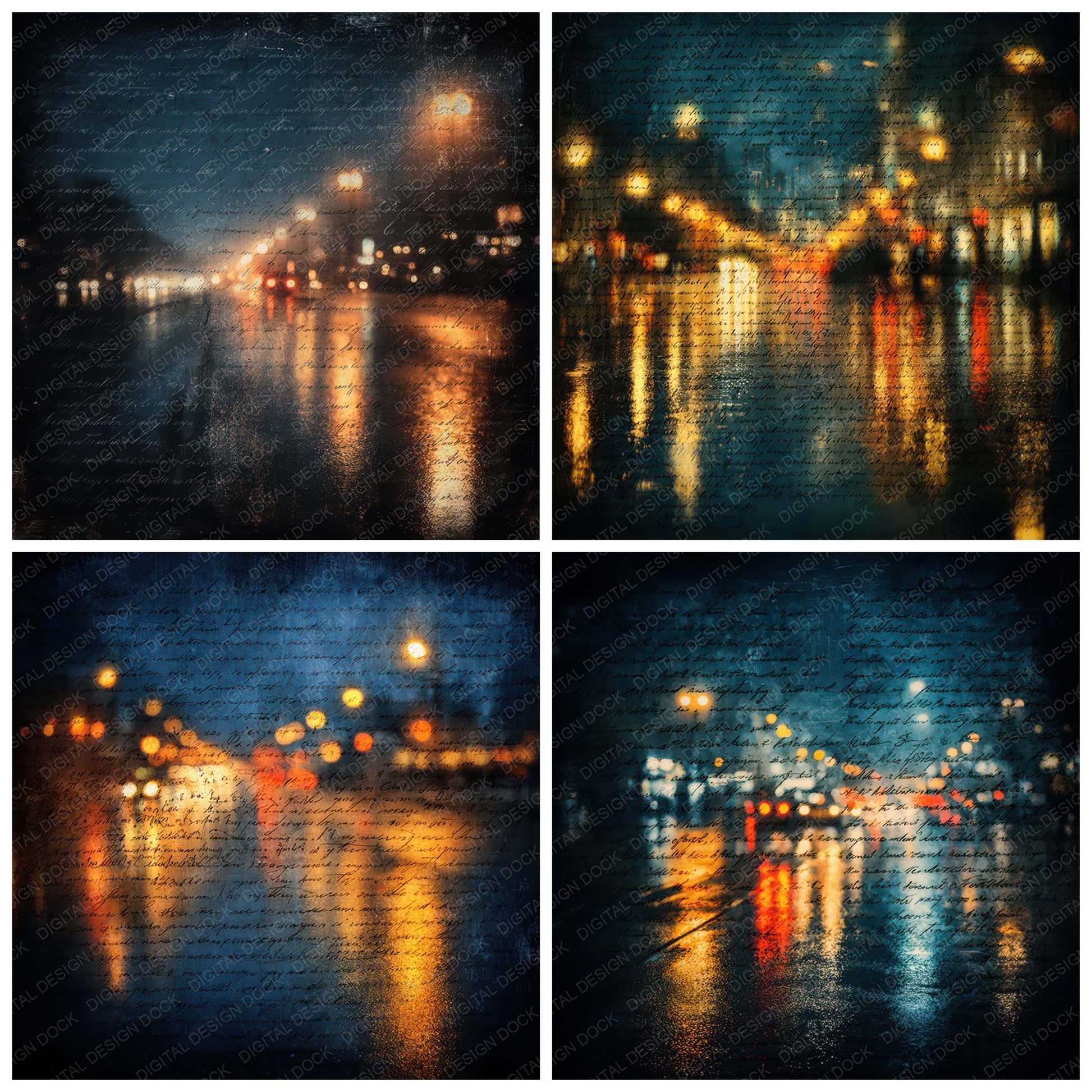 Close view of Vintage Rainy City Night Scene background papers highlighting collage composition and cohesive colour tones