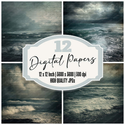 Vintage Storm Coast Scene digital paper pack designed for background pages in junk journaling and paper craft projects