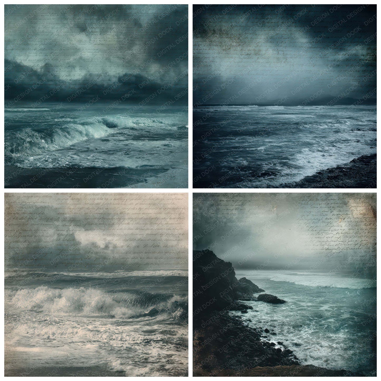 Preview layout showing Vintage Storm Coast Scene papers arranged as background pages for junk journals and mixed media crafts