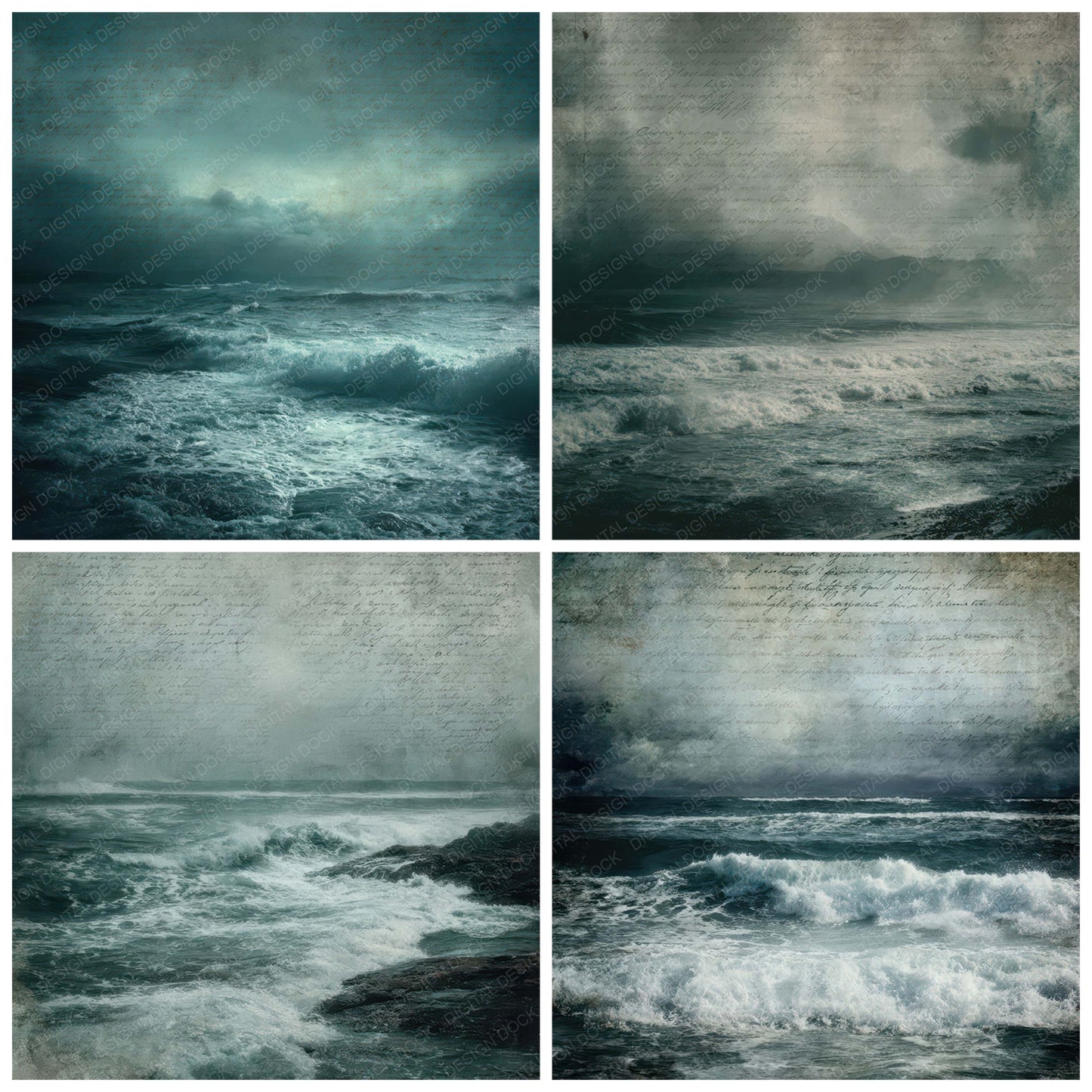 Close view of Vintage Storm Coast Scene background papers highlighting collage composition and cohesive colour tones