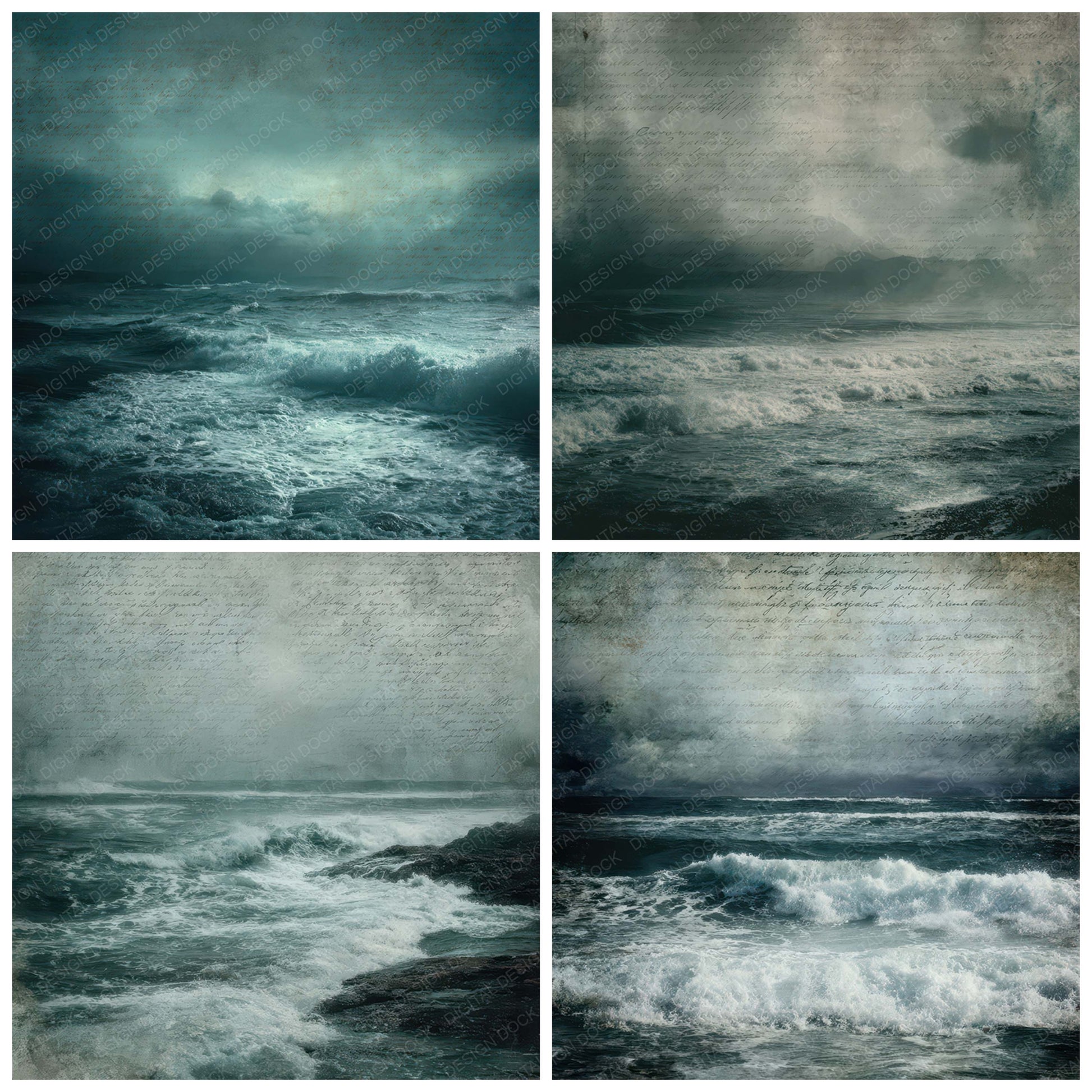 Close view of Vintage Storm Coast Scene background papers highlighting collage composition and cohesive colour tones