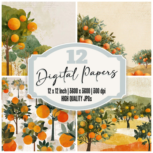 Bright Citrus Orchard Scene digital paper pack designed for background pages in junk journaling and paper craft projects