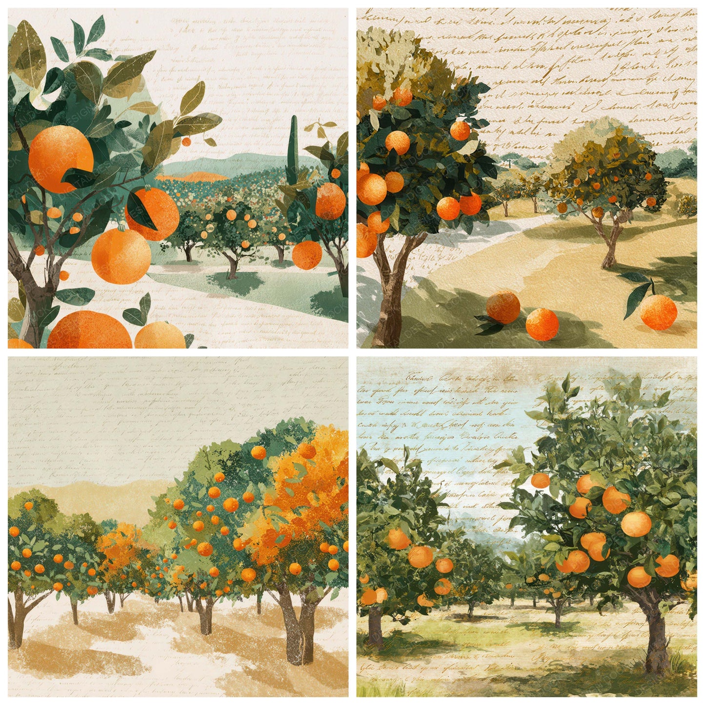 Preview layout showing Bright Citrus Orchard Scene papers arranged as background pages for junk journals and mixed media crafts
