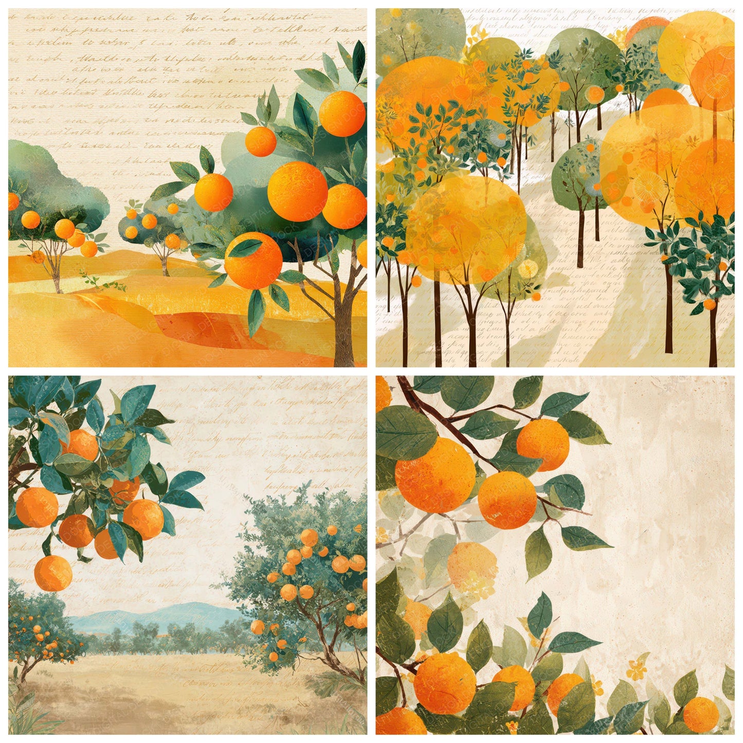 Close view of Bright Citrus Orchard Scene background papers highlighting collage composition and cohesive colour tones