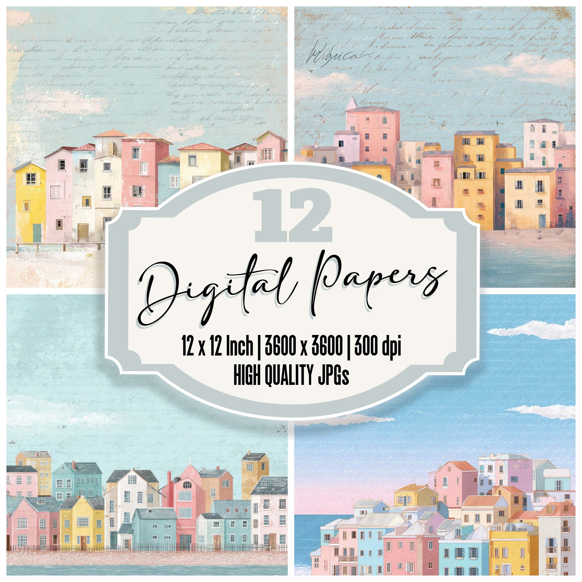 Bright Coastal Town Scene digital paper pack designed for background pages in junk journaling and paper craft projects