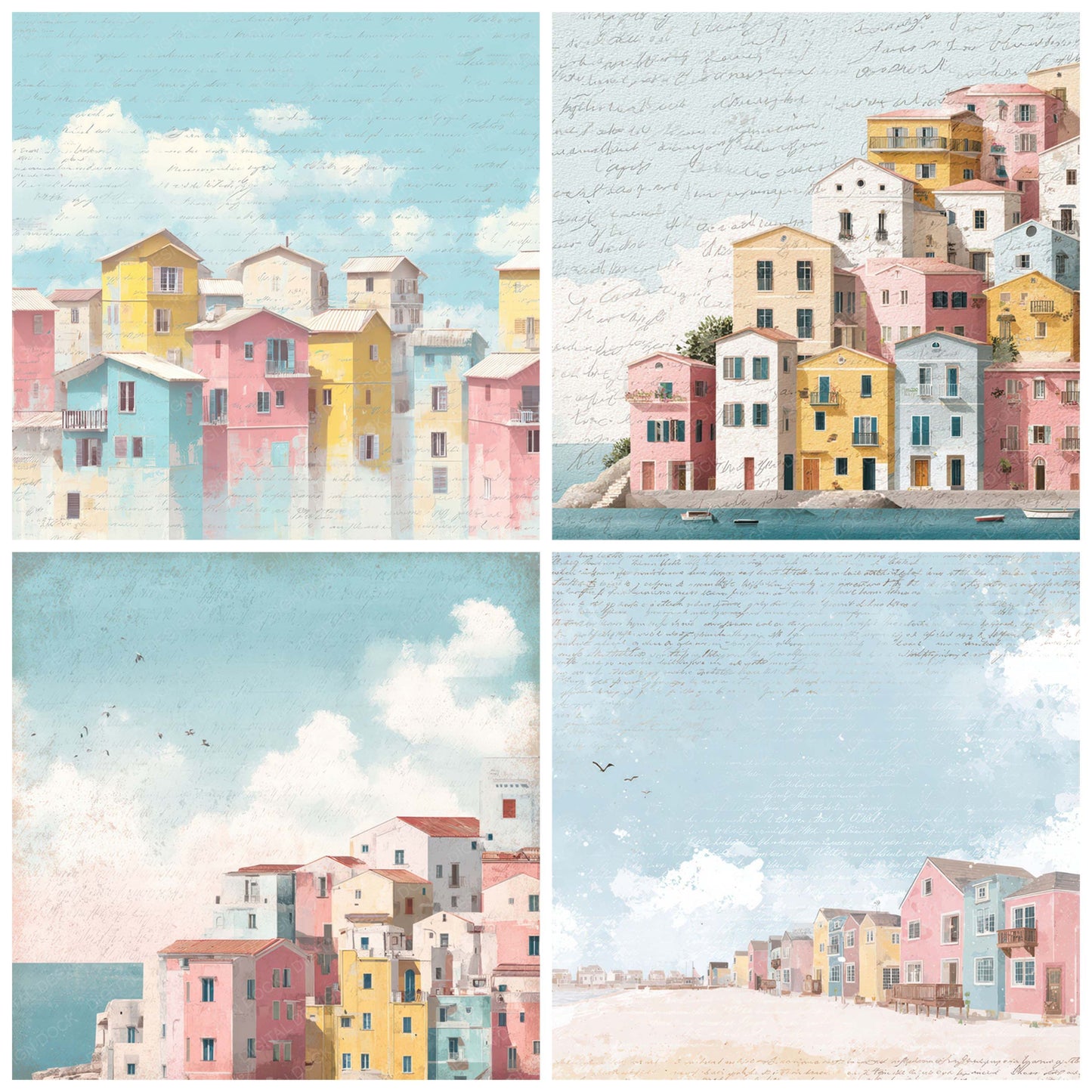 Preview layout showing Bright Coastal Town Scene papers arranged as background pages for junk journals and mixed media crafts