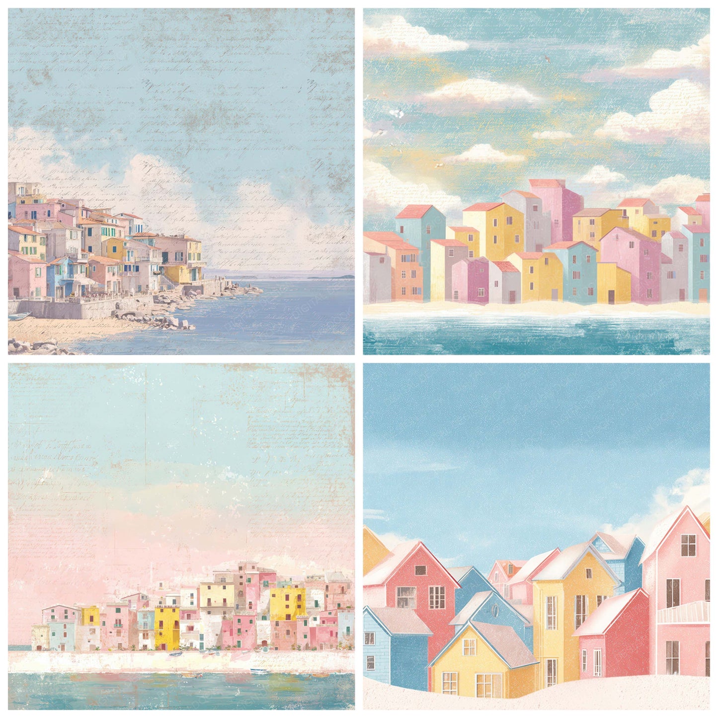 Close view of Bright Coastal Town Scene background papers highlighting collage composition and cohesive colour tones