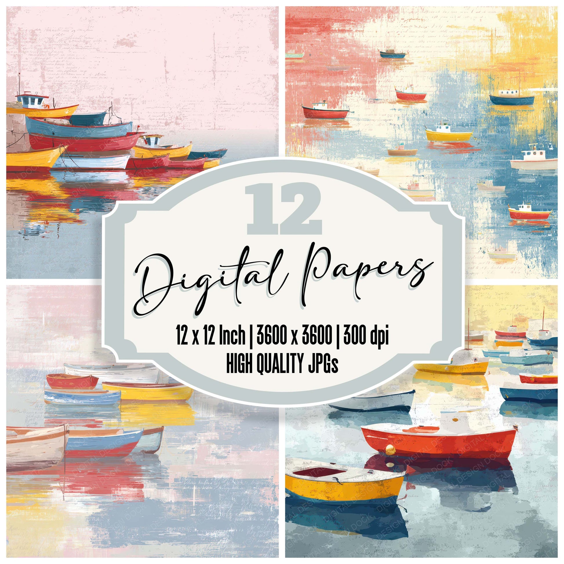 Bright Colorful Harbor Boats Scene digital paper pack designed for background pages in junk journaling and paper craft projects