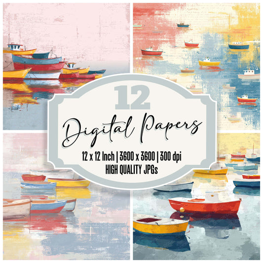 Bright Colorful Harbor Boats Scene digital paper pack designed for background pages in junk journaling and paper craft projects