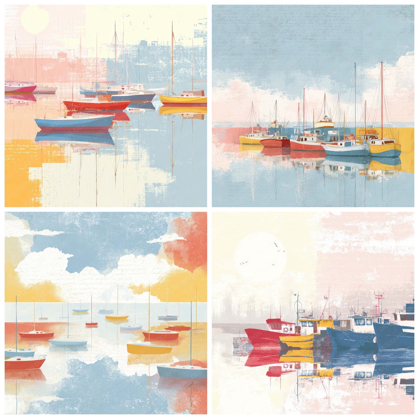 Preview layout showing Bright Colorful Harbor Boats Scene papers arranged as background pages for junk journals and mixed media crafts