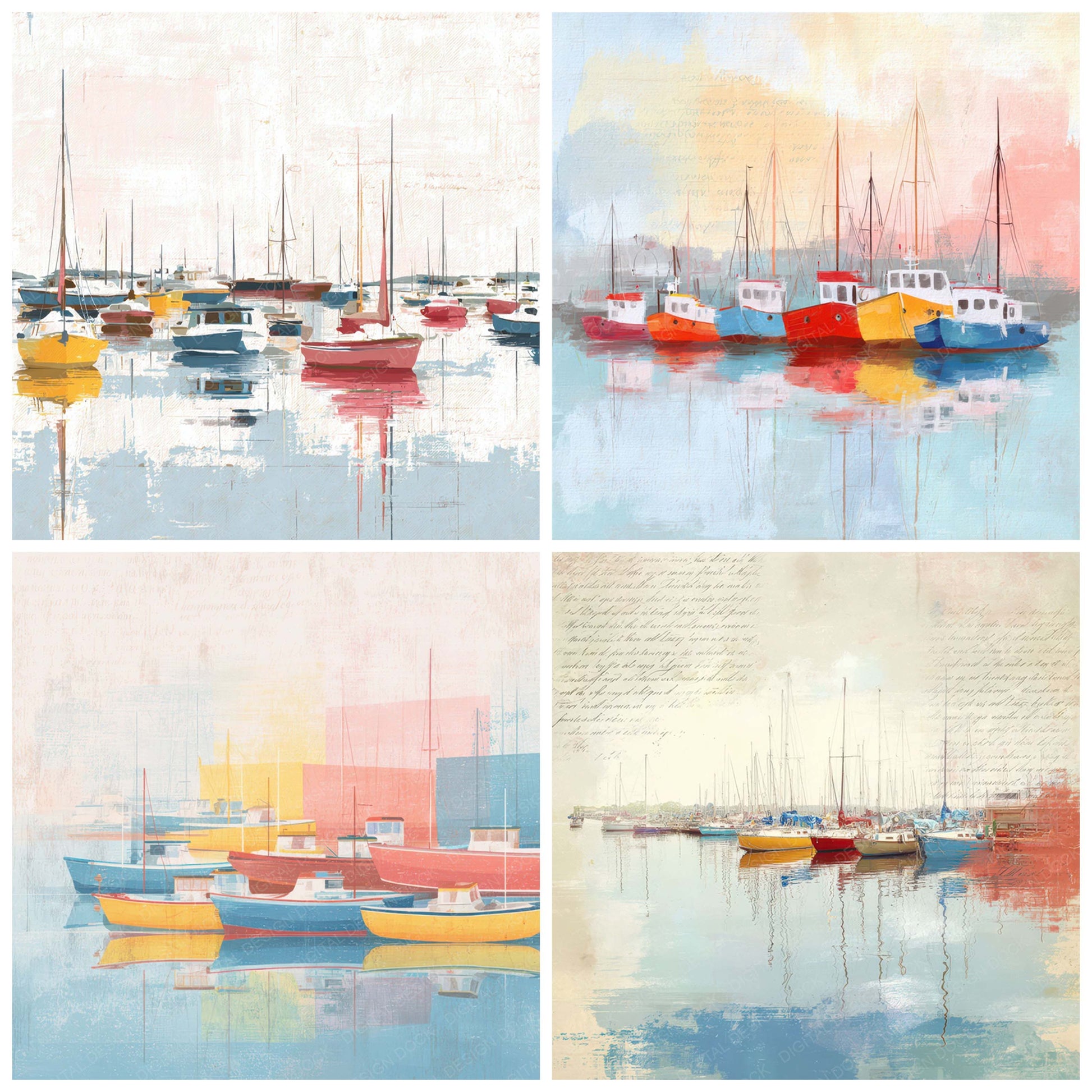 Close view of Bright Colorful Harbor Boats Scene background papers highlighting collage composition and cohesive colour tones