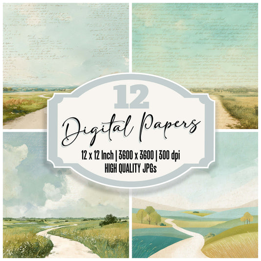 Bright Countryside Path Scene digital paper pack designed for background pages in junk journaling and paper craft projects