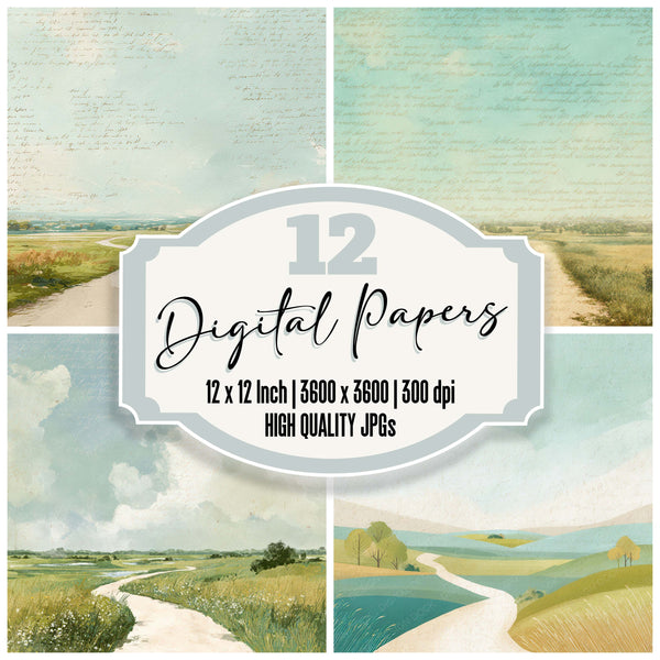 Bright Countryside Path Scene digital paper pack designed for background pages in junk journaling and paper craft projects