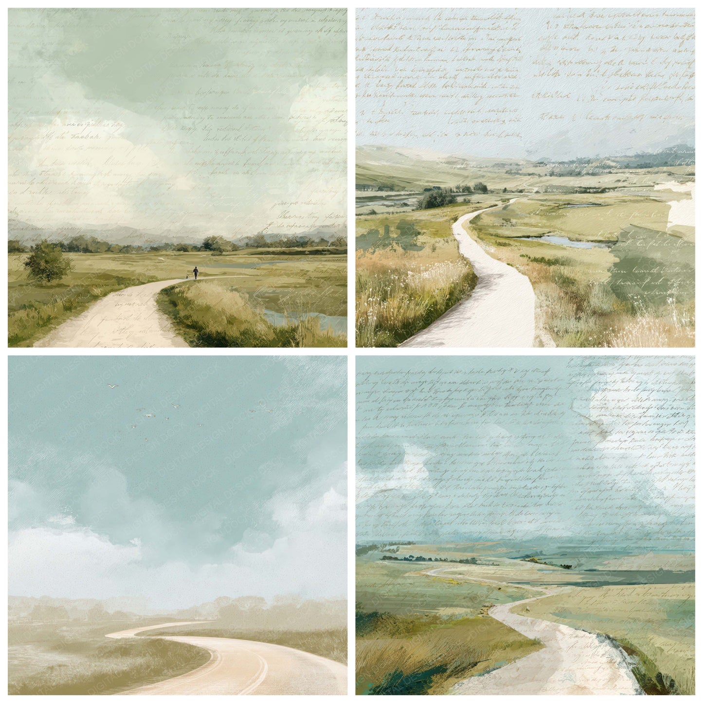 Preview layout showing Bright Countryside Path Scene papers arranged as background pages for junk journals and mixed media crafts