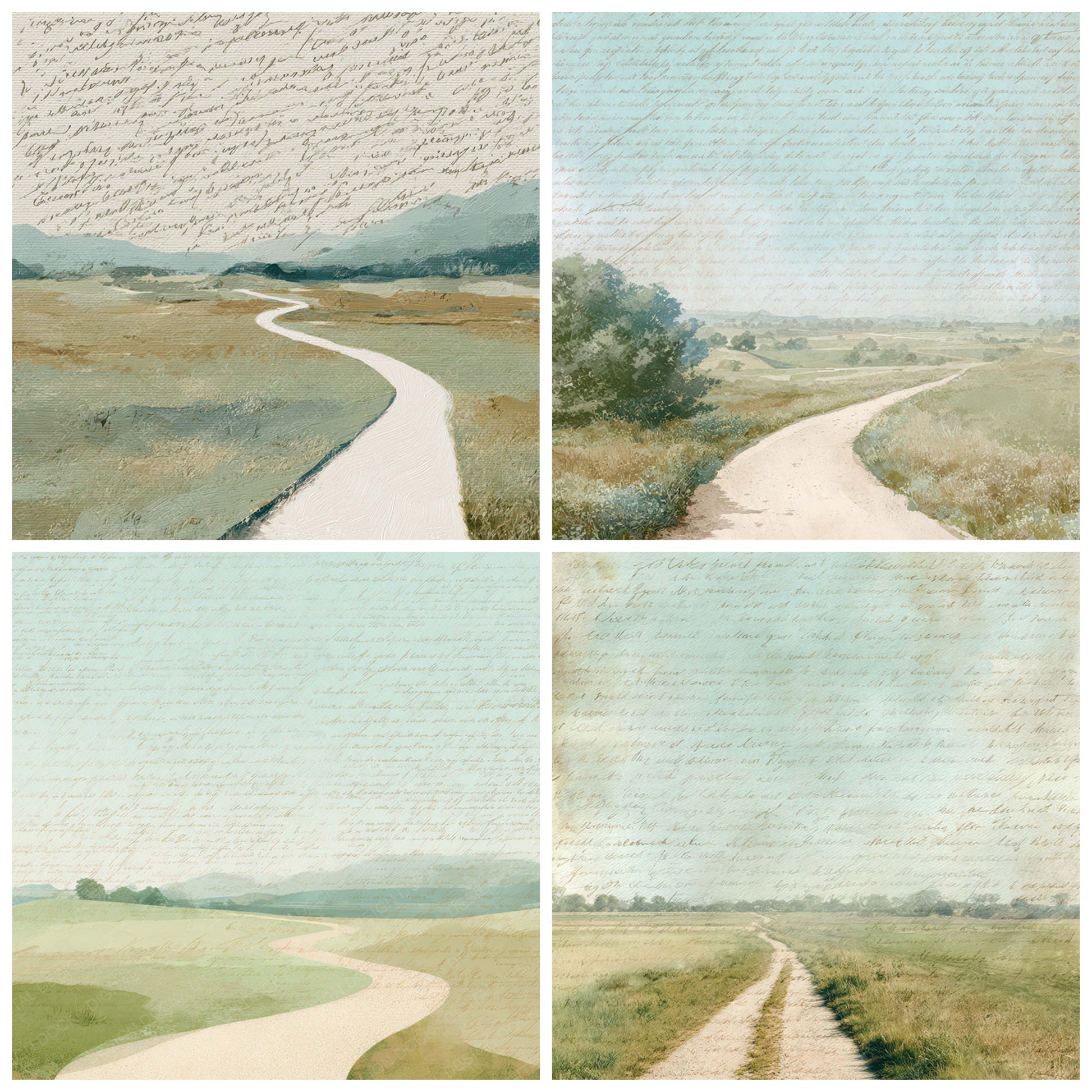 Close view of Bright Countryside Path Scene background papers highlighting collage composition and cohesive colour tones