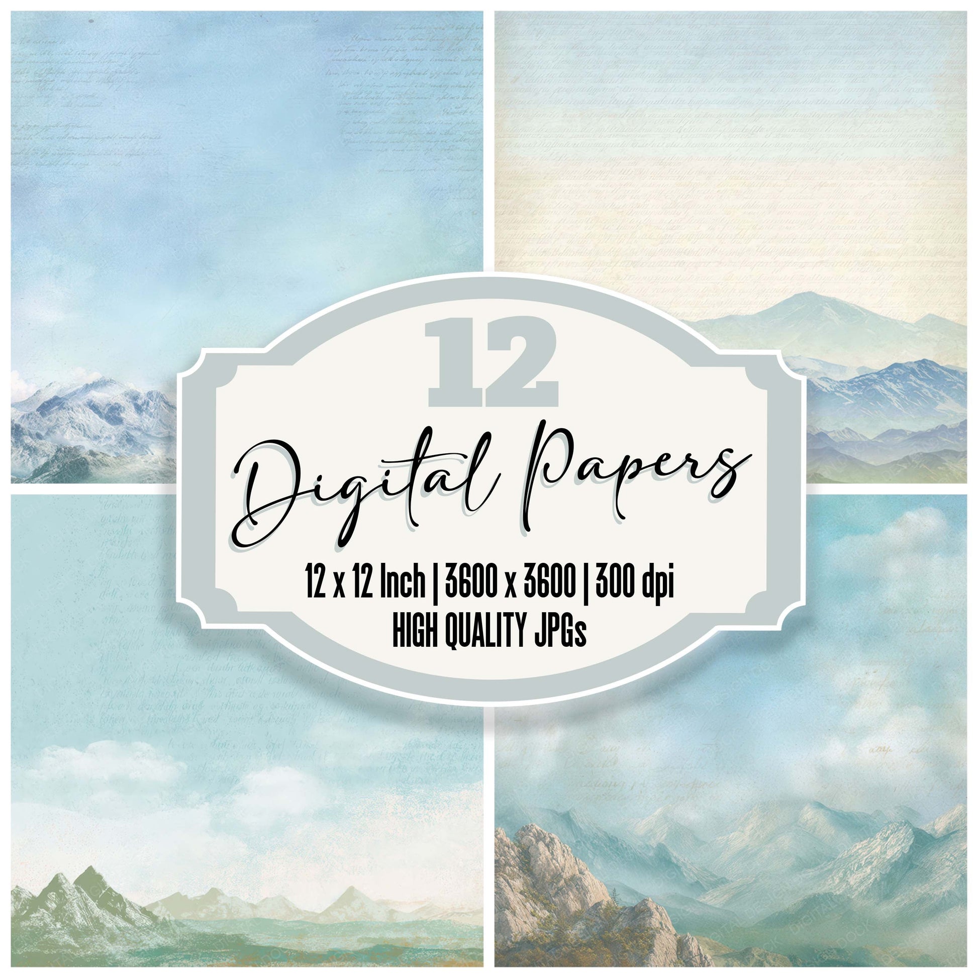 Bright Mountain Sky Scene digital paper pack designed for background pages in junk journaling and paper craft projects