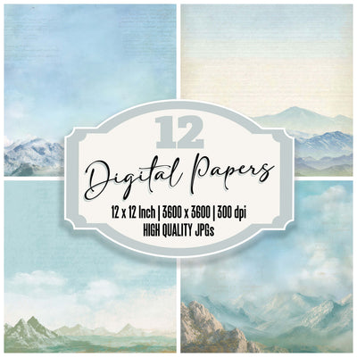 Bright Mountain Sky Scene digital paper pack designed for background pages in junk journaling and paper craft projects