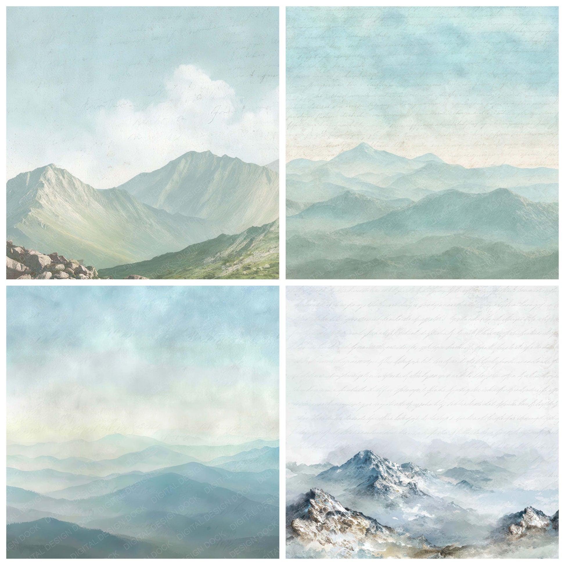 Preview layout showing Bright Mountain Sky Scene papers arranged as background pages for junk journals and mixed media crafts