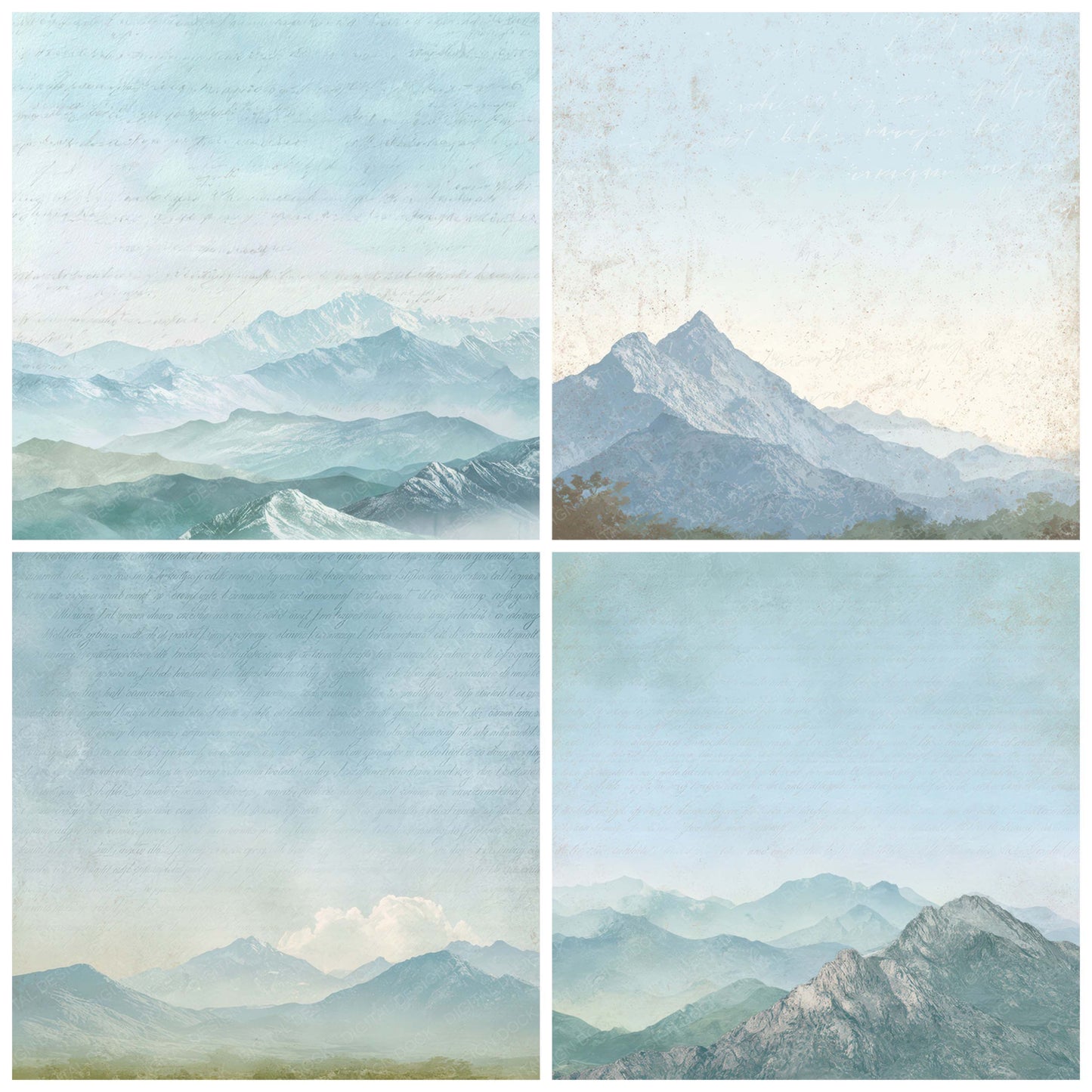 Close view of Bright Mountain Sky Scene background papers highlighting collage composition and cohesive colour tones