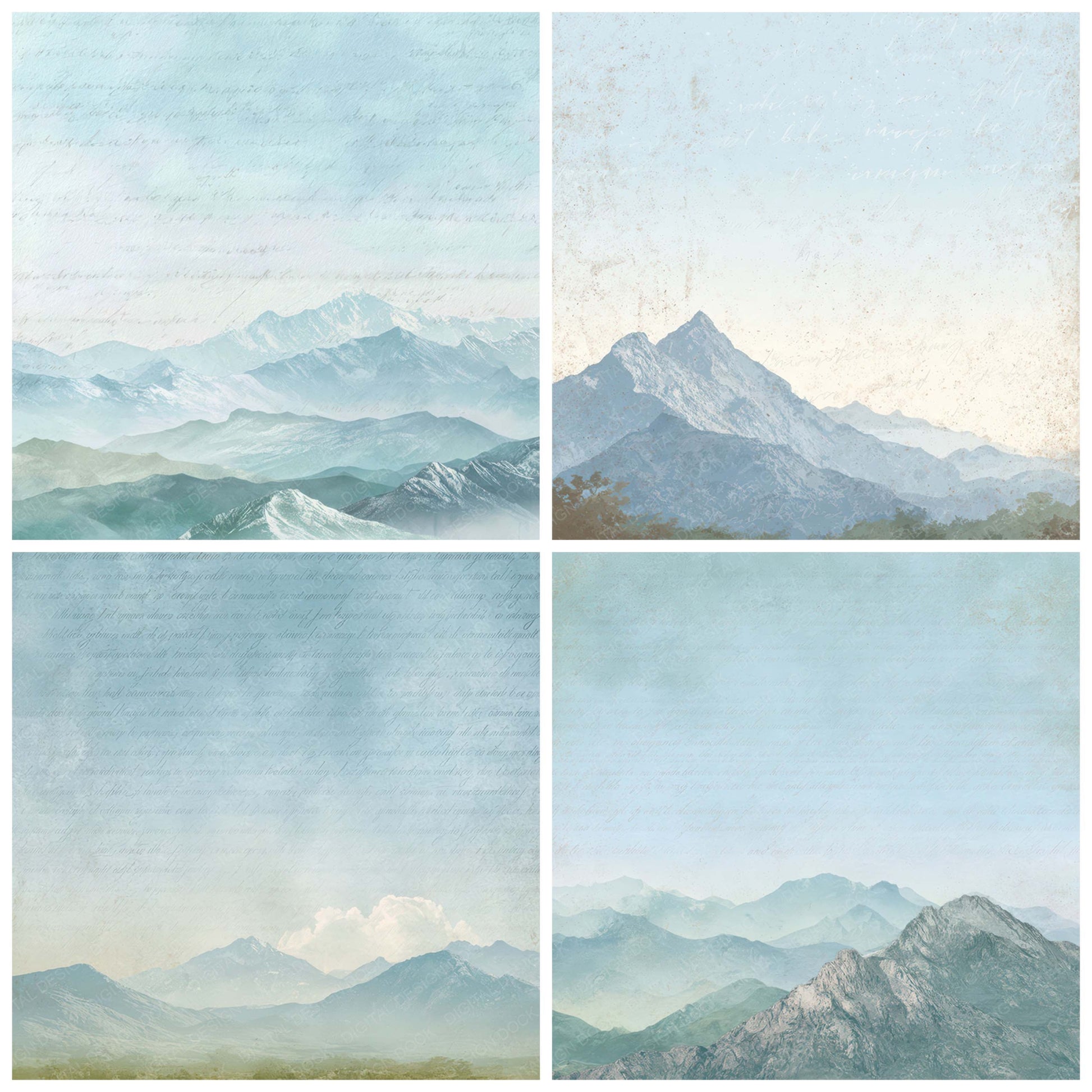 Close view of Bright Mountain Sky Scene background papers highlighting collage composition and cohesive colour tones