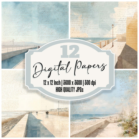 Bright Seaside Promenade Scene digital paper pack designed for background pages in junk journaling and paper craft projects