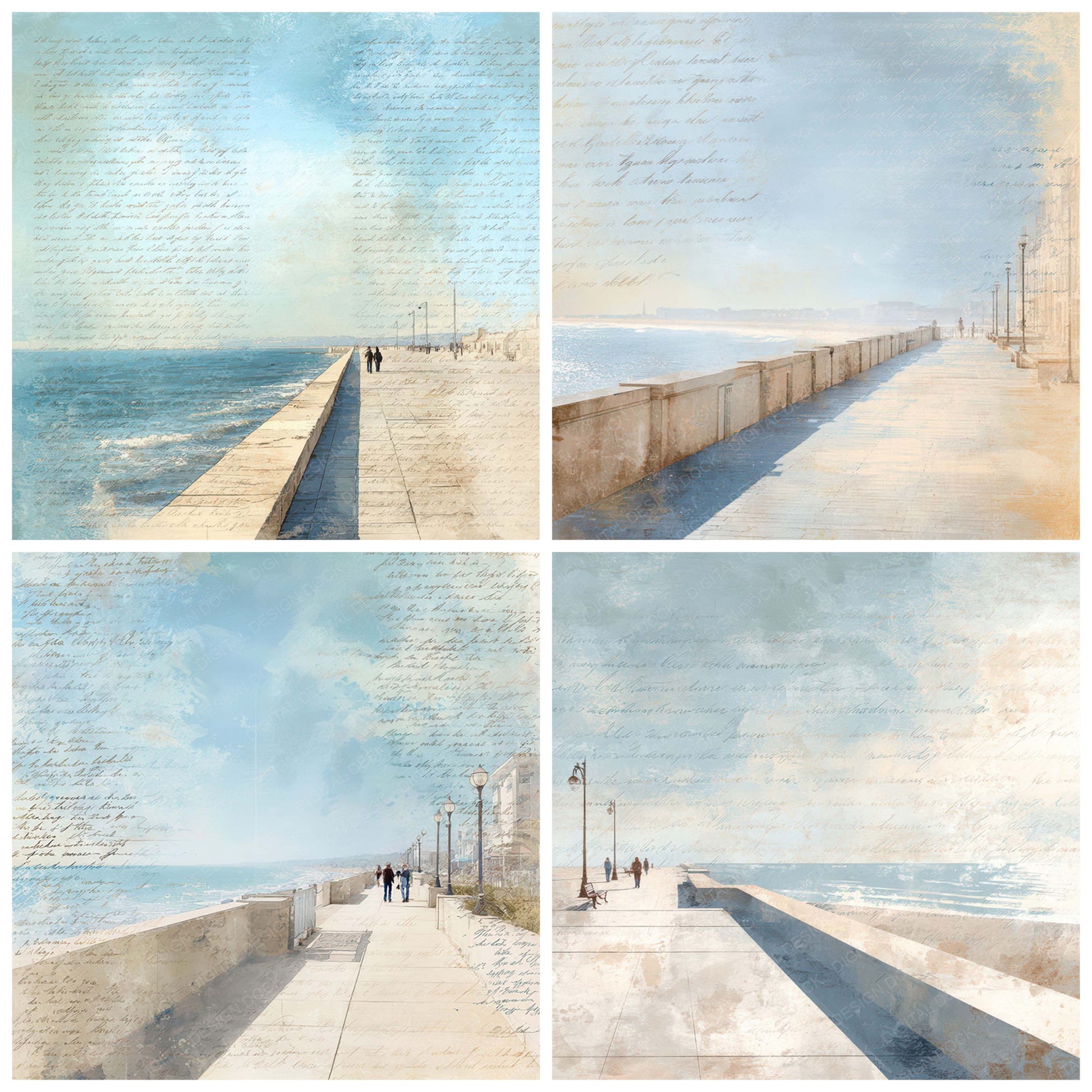 Preview layout showing Bright Seaside Promenade Scene papers arranged as background pages for junk journals and mixed media crafts