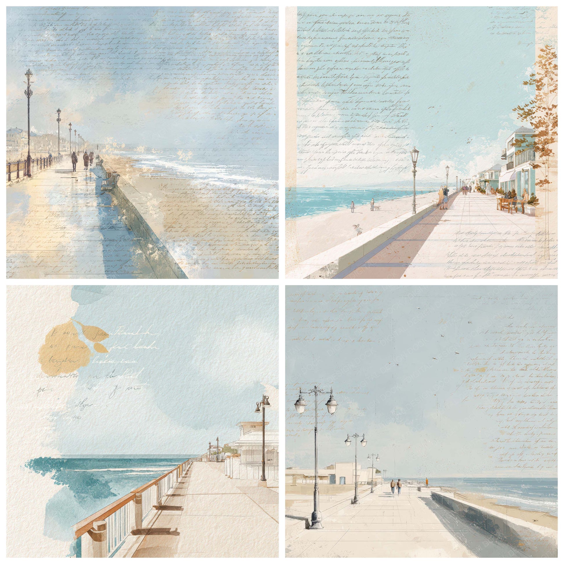 Close view of Bright Seaside Promenade Scene background papers highlighting collage composition and cohesive colour tones