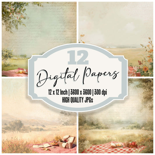 Bright Summer Picnic Scene digital paper pack designed for background pages in junk journaling and paper craft projects