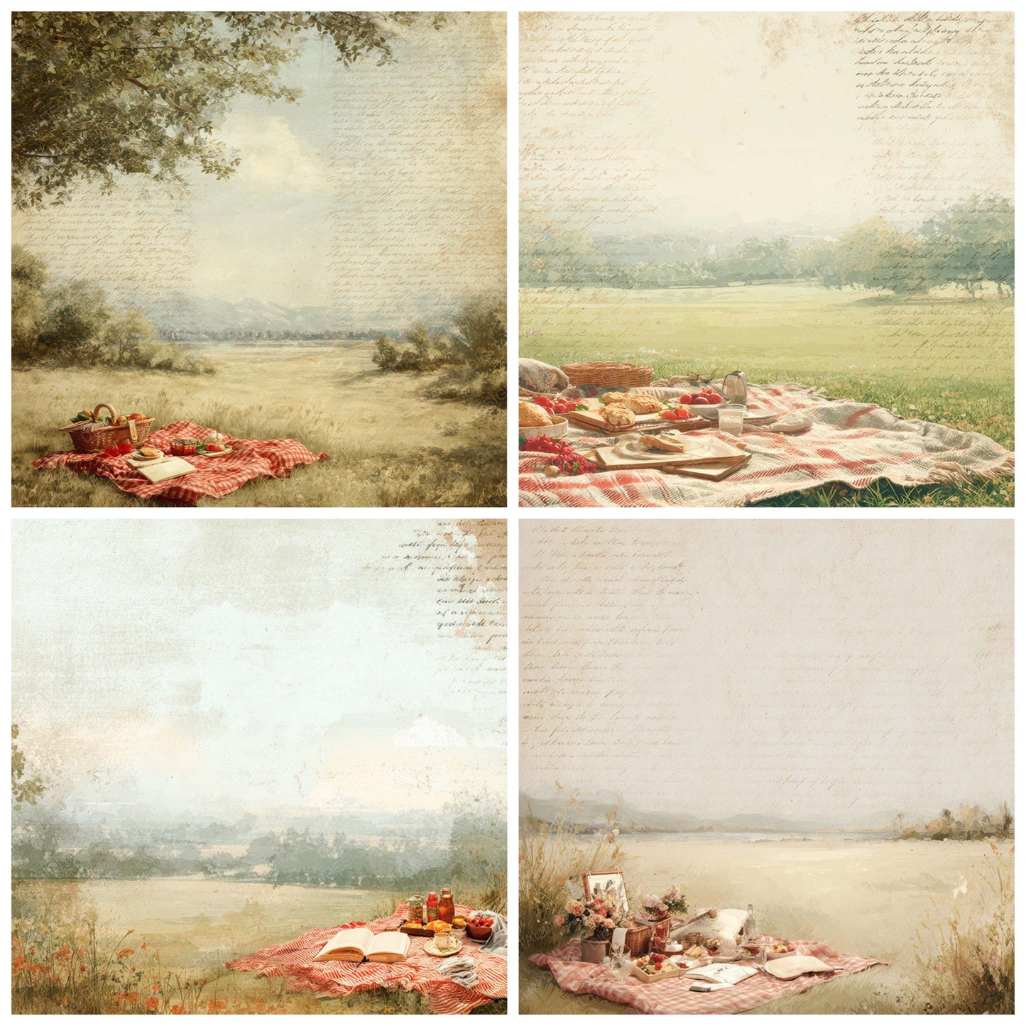 Preview layout showing Bright Summer Picnic Scene papers arranged as background pages for junk journals and mixed media crafts
