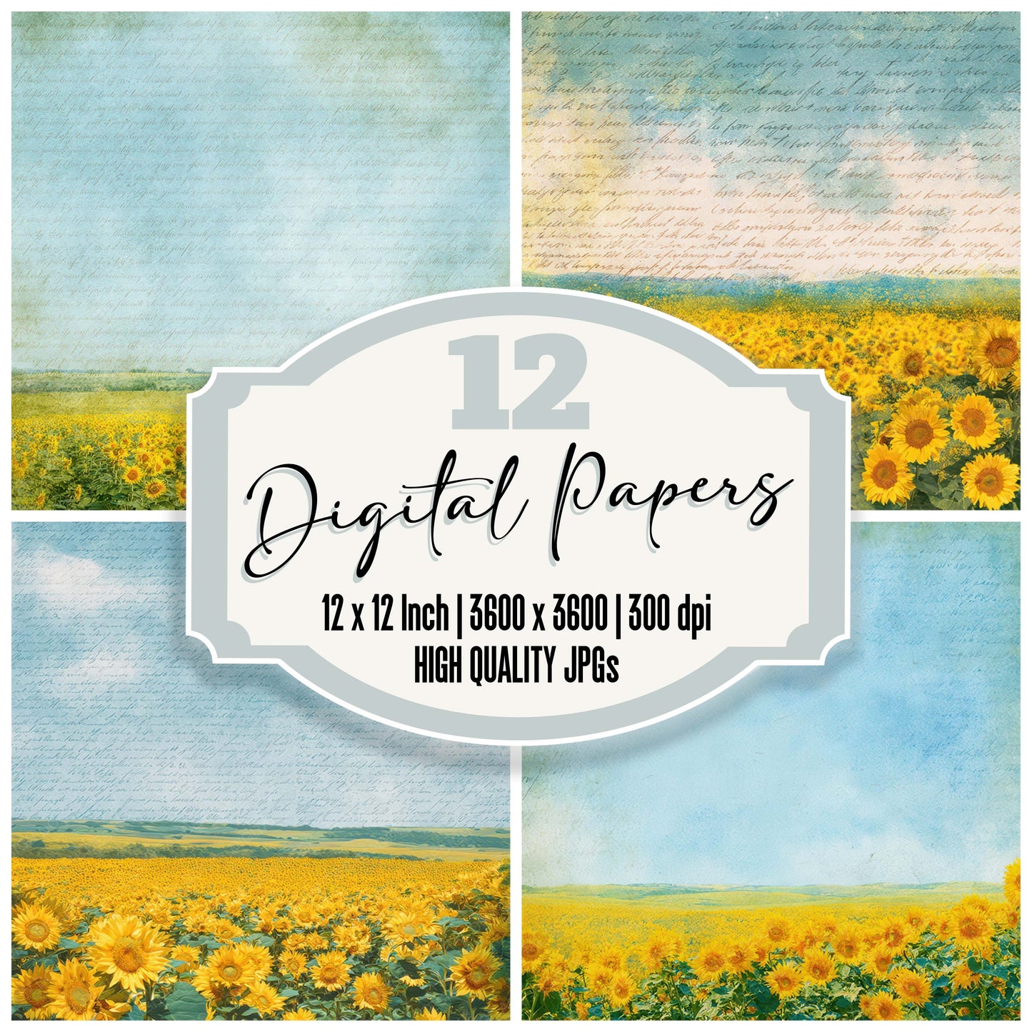 Bright Sunflower Field Scene digital paper pack designed for background pages in junk journaling and paper craft projects